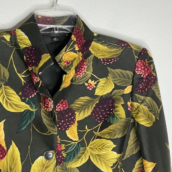 Linda Allard Ellen Tracy Green Silk Berry Print Button Up Blazer Size 10 - Picture 4 of 16